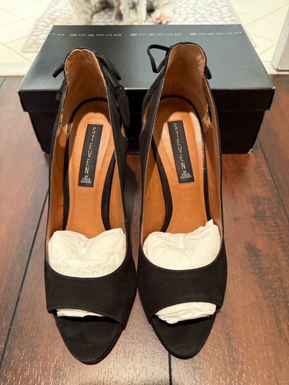 Steven by Steve Madden Black Suede Peep-Toe Ankle Strap Heels